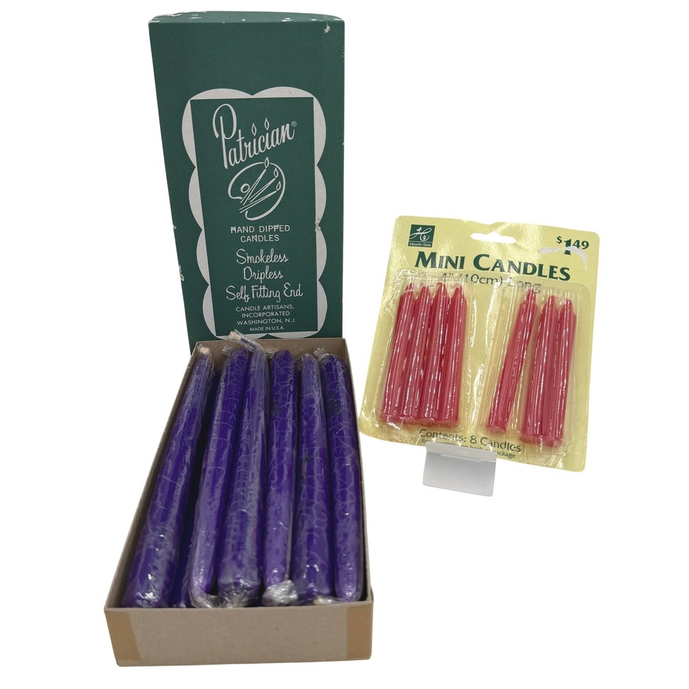 Patrician Taper & Hearth-Side Mini Candles Set Purple Red Good Vintage USA